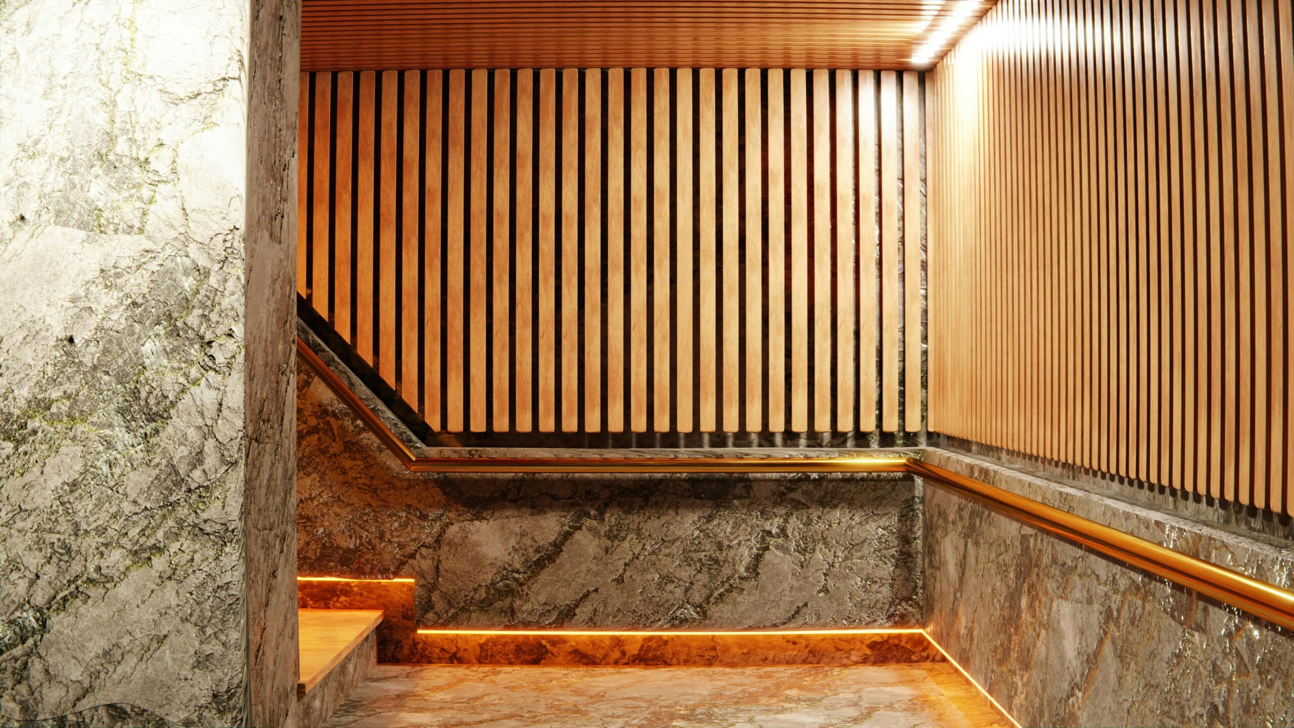 Elegant staircase with wooden panels and marble walls, illuminated by warm lighting.