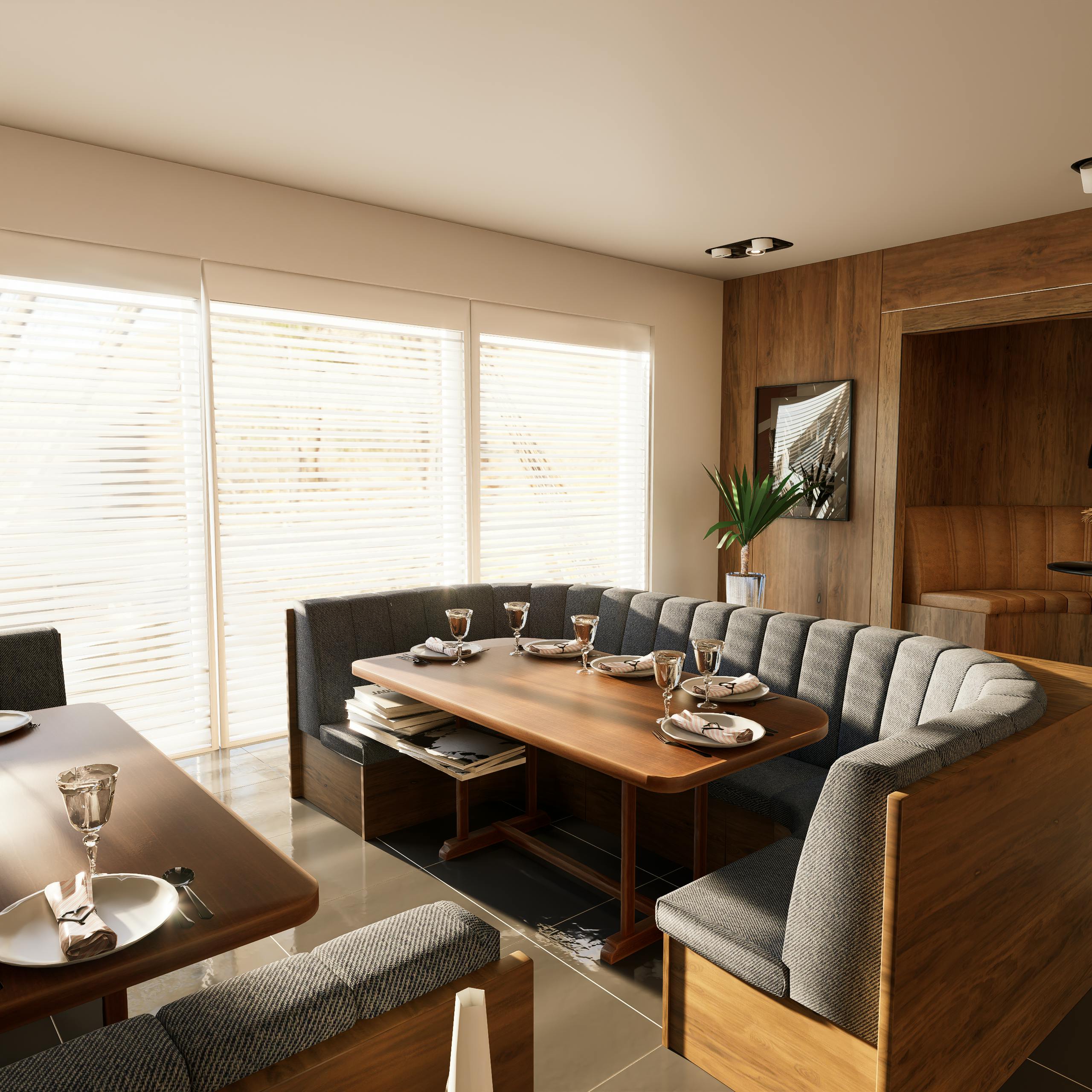 A serene and cozy dining room with minimalist decor, featuring wooden elements and soft lighting.
